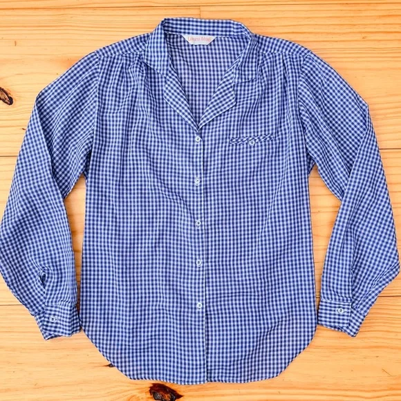 Blue Gingham Blouse Laura Mae Tab Sleeve Vintage - Picture 2 of 10